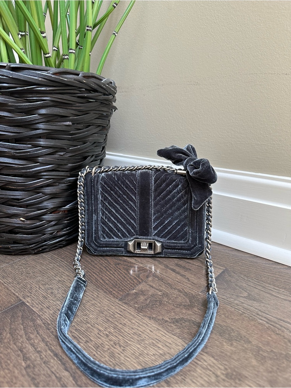 NWOT Rebecca Minkoff Velvet Chevron Quilted Small Love Crossbody Bag Gray Purse